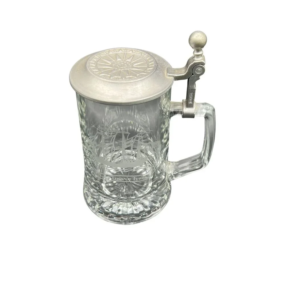 Vintage Old Spice Glass Beer Stein Pewter Lid Etched Sailboat By ALWE W-Germany